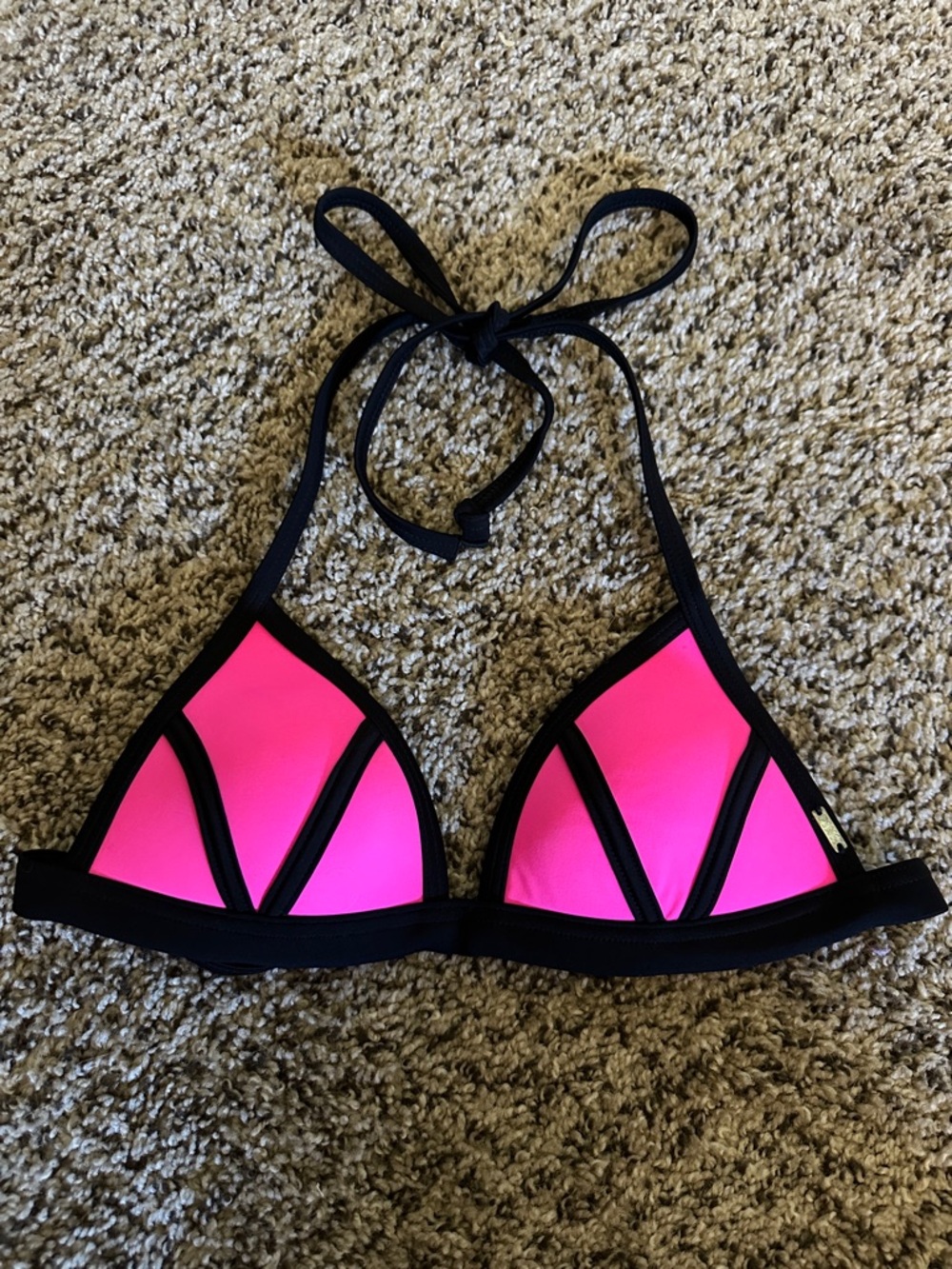 Women’s Neon Pink Triangle Bikini Top with Black Trim